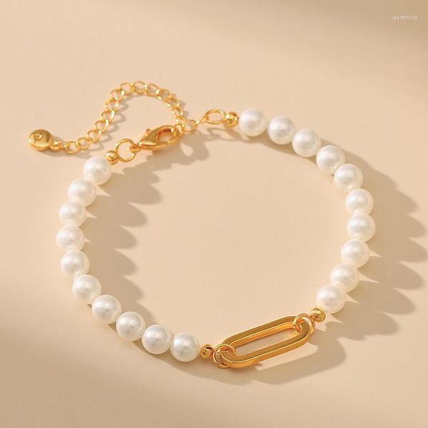 Braccialetti Link White Round Pearl Women Bracciale 18K Gold Paper Clip Catena Fase Wedding Gioielli Gioielli Regalo Day Day Hust Hand