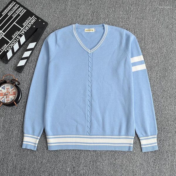 Maglioni femminili giapponesi jk pullover jk maglione acqua blu barra bianca v collo a maniche lunghe uniformi centrale decorazione