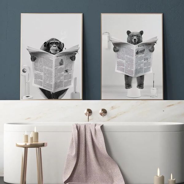 Animali capricciosi dipinto di tela orso scimmia in bagno Lettura di giornali divertenti poster umori braditi spa parete arte per bambini decorazioni per bagno senza cornice wo6
