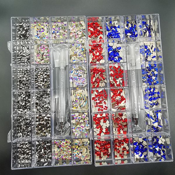 Nagelkunst Dekorationen Luxus glänzender Diamantnägelkunst Kristall Dekorationen Set AB Glass 1pcs aufnehmen Stift in Gitter Box 21 Form etwa 2800pcs 230821