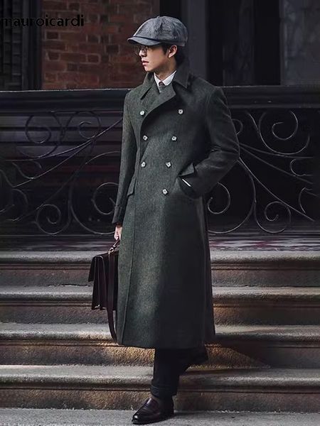 Miscele di lana maschile mauroicardi autunno inverno lungo mantello verde caldo cappotto a doppio petto di lusso elegante elegante in stile inglese over -cappotto 230818