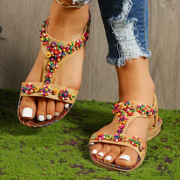 Sandalen Frauen farbenfrohe Perlen flache Sandalen Offener Zehenelastik -Knöchelgurt Schuhe Frau Sommer Beach Sandalen R230821