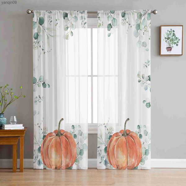 Vorhang Thanksgiving Eukalyptus Blau Kürbis Schlafzimmer transparente Vorhänge Urlaub Dekoration Fenster Voile Tüll Vorhang HKD230822