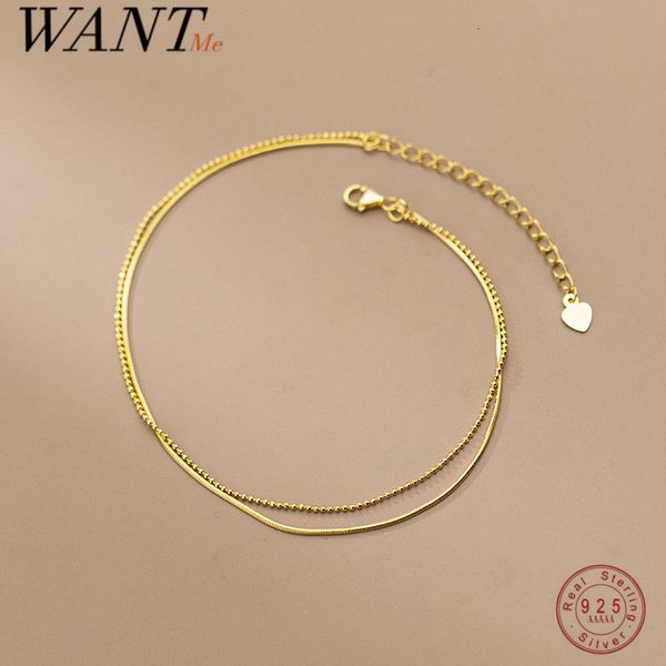 Caviglieri Wantme 925 Sterling Sterling Simple Double Snake Bone Round Beads Anklet for Women Fine 18K Gold Chain Gioielli bohémien 230821