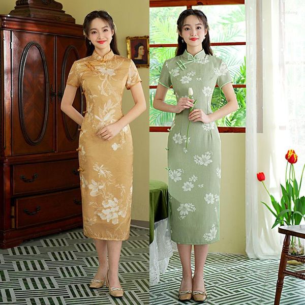 Abbigliamento etnico Summer Flower stampato in raso cheongsam ha migliorato abito orientale da donna cinese collare mandarino qipao