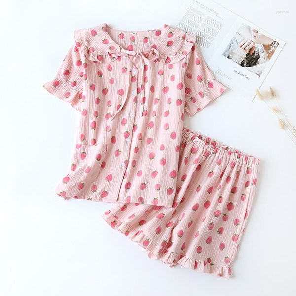 Frauen Nachtwäsche Ladies Sommer 2pcs Pyjama Set Sweet Sweet Peach Print Nachtwäsche Niedliche Rüschen Lounge Pyjama Kurzes Shorts Cotton Homewear