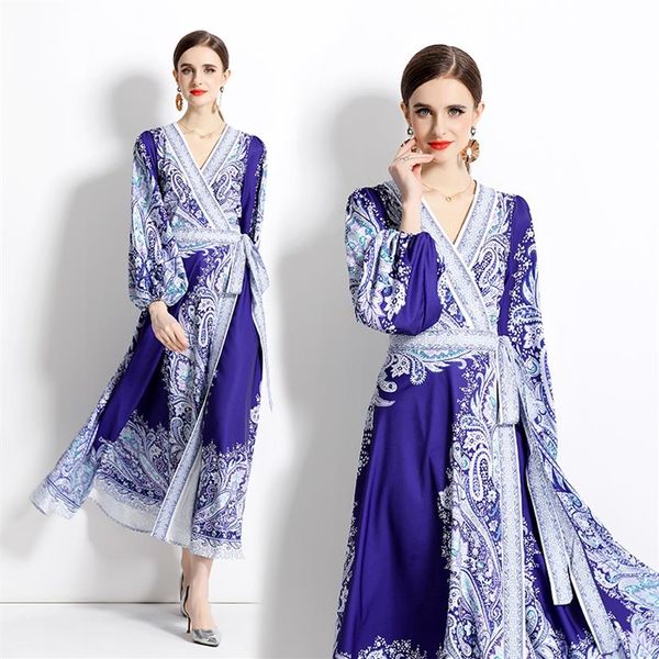Flare Sleeve Blue Vintage Langes Kleid Paisley Floral V-Ausschnitt Schlank
