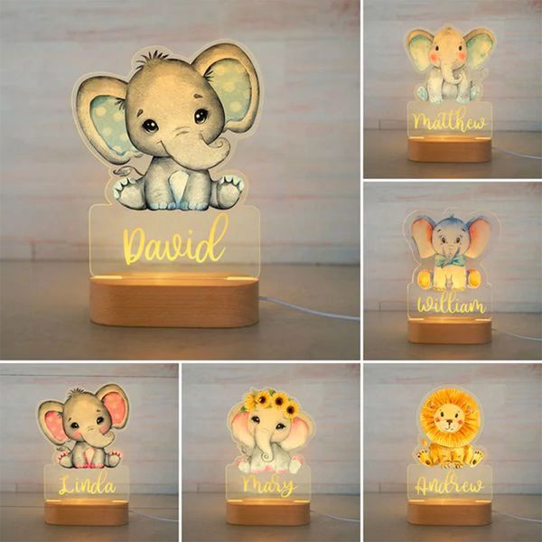 Itens de novidade personalizados leão de elefante de elefante led USB 7 cores Night Light Nome personalizado Lâmpada de acrílico para crianças Decoração do quarto 230821