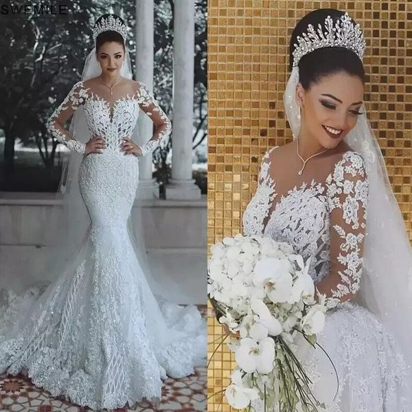 Dubai árabe saudita renda sereia vestido sexy ilusão manga longa vestidos de noiva cristais contas vestidos de casamento 328 328