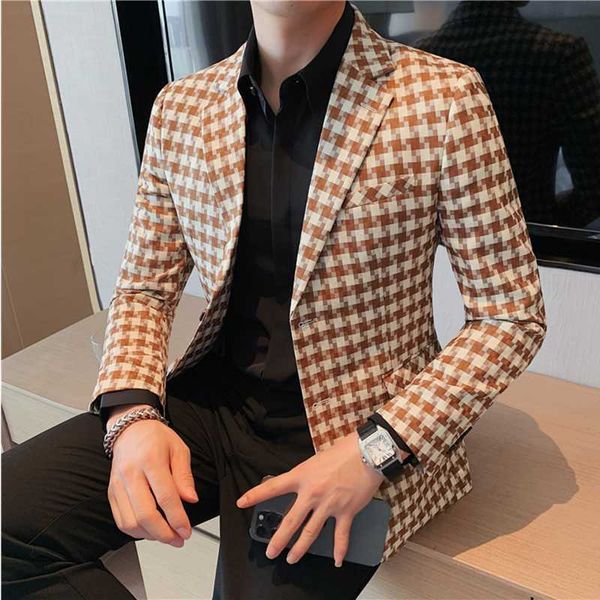 Jackets masculinos de estilo britânico Houndstooth Slim Fit Blazers 2022 Novo vestido de negócios simples e simples, vestido de casamento noivo Tuxedo Jaqueta J230821