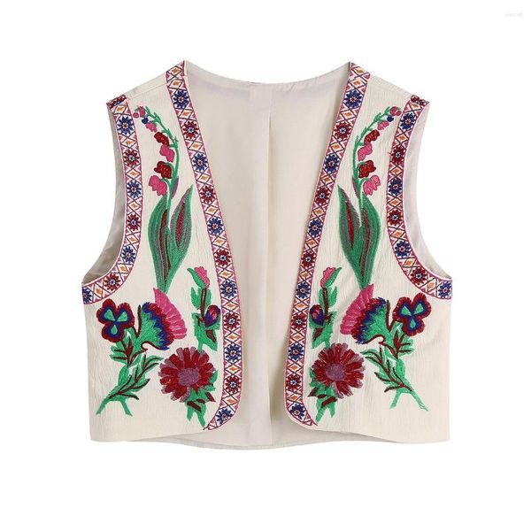 Coletes femininos xale de estilo étnico retro roupa floral jaqueta de colete curto floral bordado de flor vintage sem mangas soltas relaxadas relaxadas