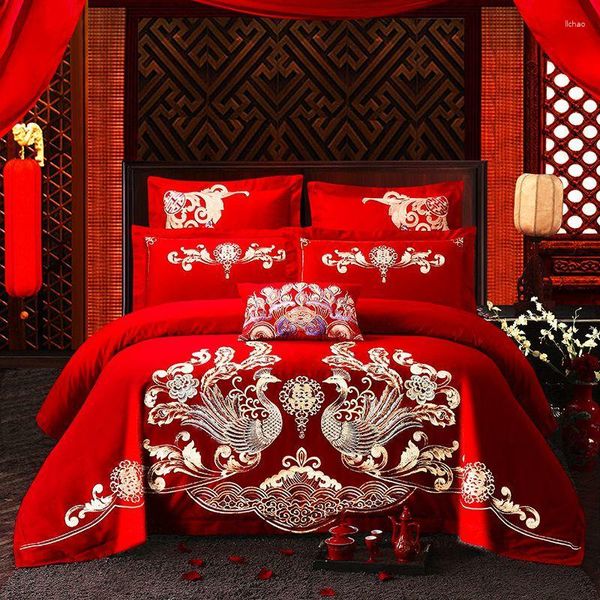 Yatak Seti Lüks Phoenix Nakış Seti Çin Kraliyet Düğünü Kırmızı Pamuk Prenses Yorgan/Yorgan Kapak Yatak Sayfası Yastık