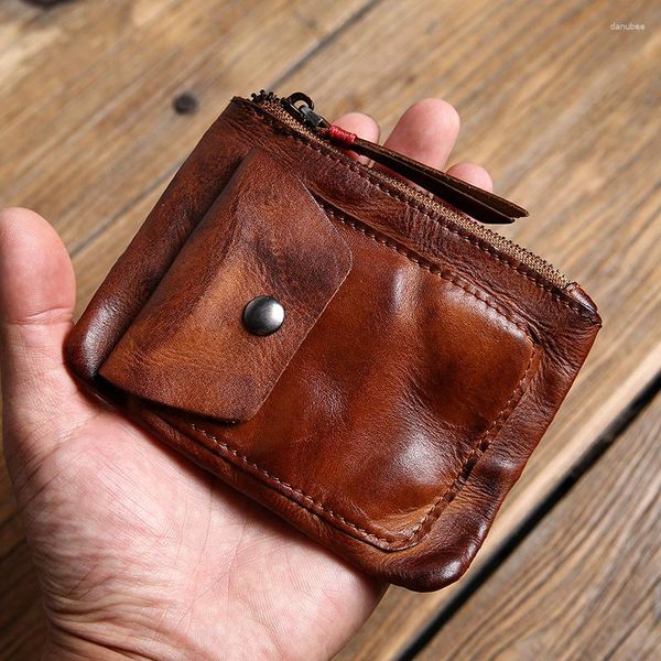 Cüzdanlar el yapımı sıkıntılı orijinal deri cüzdan tan fermuar kadın retro anahtar tutucu küçük para çanta