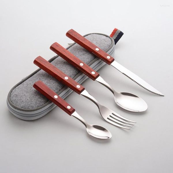 Coltelli 5pcs set di posate portatile 304 cucchiaio forchetta per coltello in acciaio inossidabile con sacchetti di stoccaggio per casa/campo/ristorante