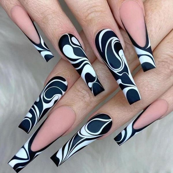 False unhas 24pcs 3D Conjunto falso Pressione Pressione as falsas dicas super longas dicas francesas