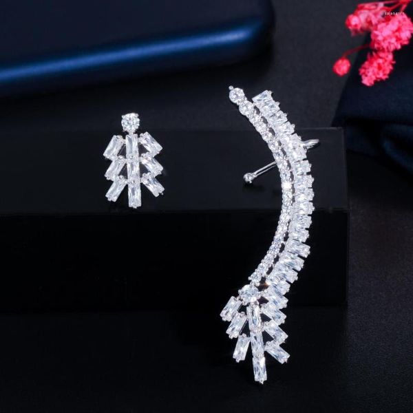 Stift Ohrringe Dreigracus glänzende kubische Zirkonia Silberfarbe Elegant Sweep Wrap Manschettenohr Kletterer Ohrring für Frauen Party Schmuck E1246