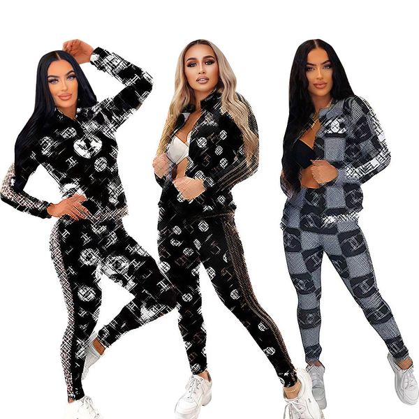 Designer Print Tracksuits feminino conjunto de duas peças Fashion Slim Fit Zipper Set Free Ship