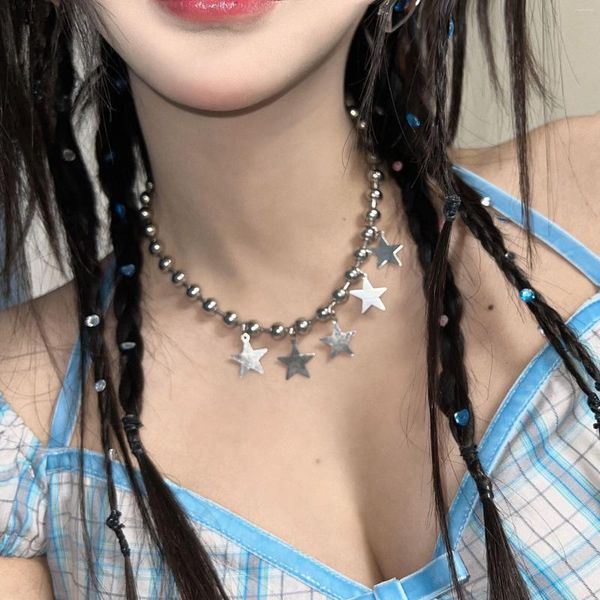 Collane a ciondolo Punk Round Round Baeded Chain for Women Retro Silver Clavicl Clavicle Short Collace Stars Hip Hop hip hop