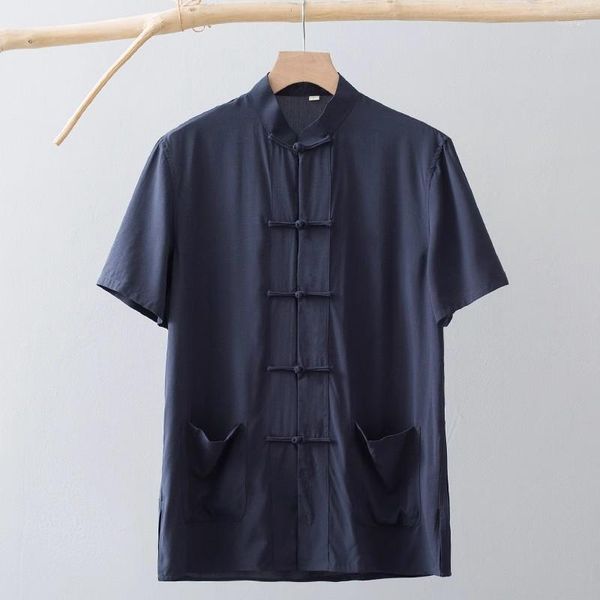 Camisas de vestido masculinas Men fino camisa curta de mangas curta linho de algodão sedoso estilo chinês de verão retro