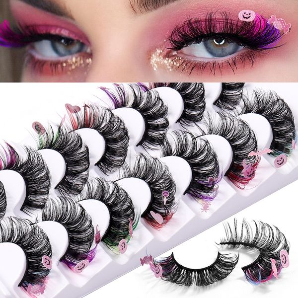 7 pares coloridos cílios falsos Extensão Extensão Halloween Eyelash Efeito de abertura do olho grossa cílios de tira colorida dramáticos cílios de olho fofos