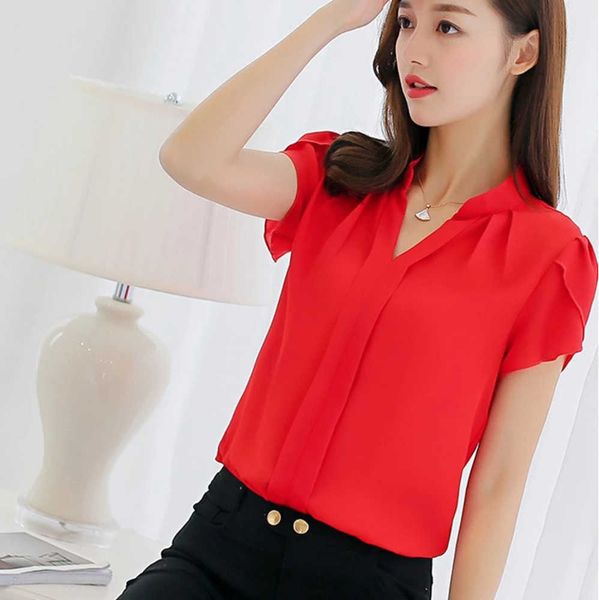 Camicetta taglie forti estivi a maniche corte rossa ufficio signore chiffon camicia elegante lavoro top femminile casual