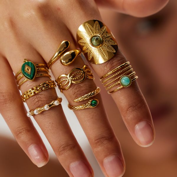 Anéis de banda uworld aço inoxidável pedra natural verde turquesa anel de malaquita Mulheres Bohemian Big Summer Jewelry 230822
