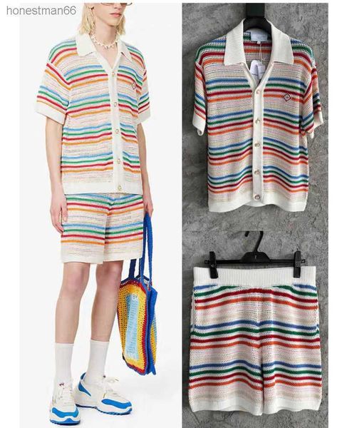 23SS Casablances Desgerir Sweater Fashion Cardigan New Rainbow Stripe Pérola Botão Loue Knit Hollow Out Style Cardigan V-deco