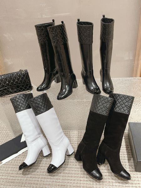 Designer Luxus-Knöchelstiefel Klassische Coco-Fashion Leder klobige Absatzschuhe Kuh Wildleder Leder Motorrad Stiefel gestopfte Ritterstiefel Oberschenkel Hochstiefel Größe 35-40