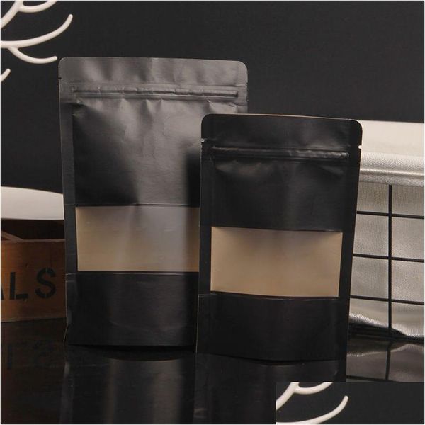 Packing Bags Wholesale 4 Size Black Kraft Paper Frosted Window Bag Stand Up Snack Cookie Tea Coffee Packaging X-Mas Gift Pouch Lx Drop Dh7Z9