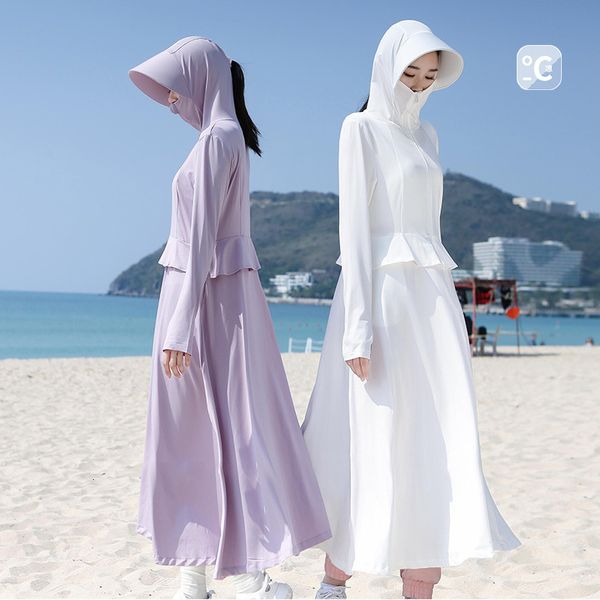 Felpe con cappuccio da uomo Felpe Protezione solare Abbigliamento UPF50 Uv Prova raggi ultravioletti Giacca da donna Cappotto lungo Gonna in vita di seta ghiacciata Vacanze estive Viaggio con cappello