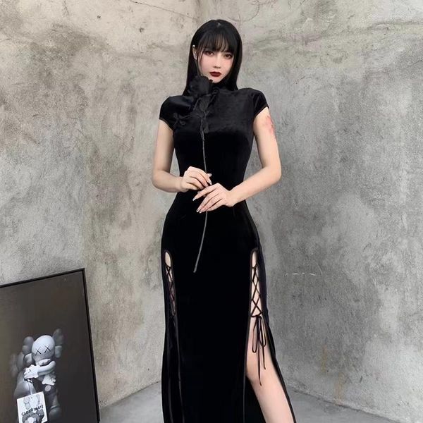 Etnik Giyim Vintage Siyah Bandaj Çin tarzı Cheongsam Yüksek Bölünmüş Velvet Elbise Bahar 2023RETRO Uzun Qipao Gotik Kadınlar Estetik