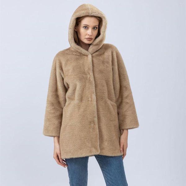 Trench femminile Fucice Fux Furx Hooded Long Coat che vende pelose bellissima donna casual 2023 inverno Wiyh Hood con tascabile classico di visone