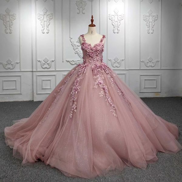 Glänzend rosa Schatz Quinceanera Kleider Applikationen Blume Tull Ballkleid Prinzessin süß 16 15 Jahre Mädchen Vestidos de 15 Anos xv