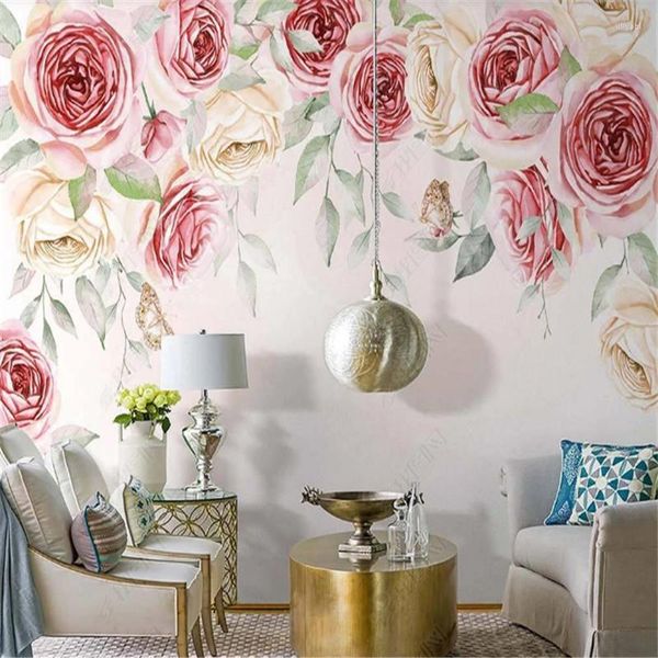 Papéis de parede flores nórdicas pintadas à mão, florescendo papel de parede pastoral americano para sala de estar sofá de fundo de parede