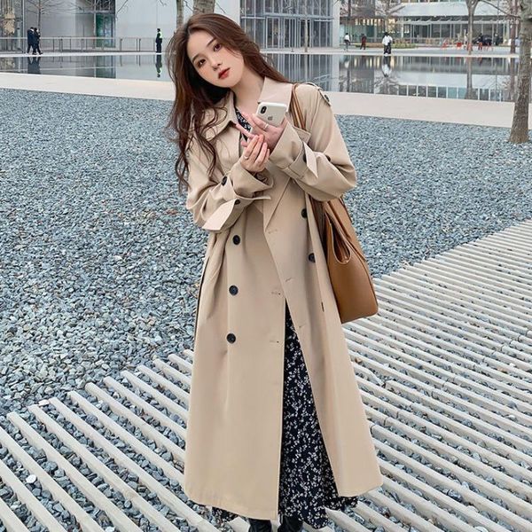 Trench da donna 2023 Woman Long Lace-up Coat alla moda coreano streetwear coreo sciolto di mantello sciolto elegante kaki nero griglie nero