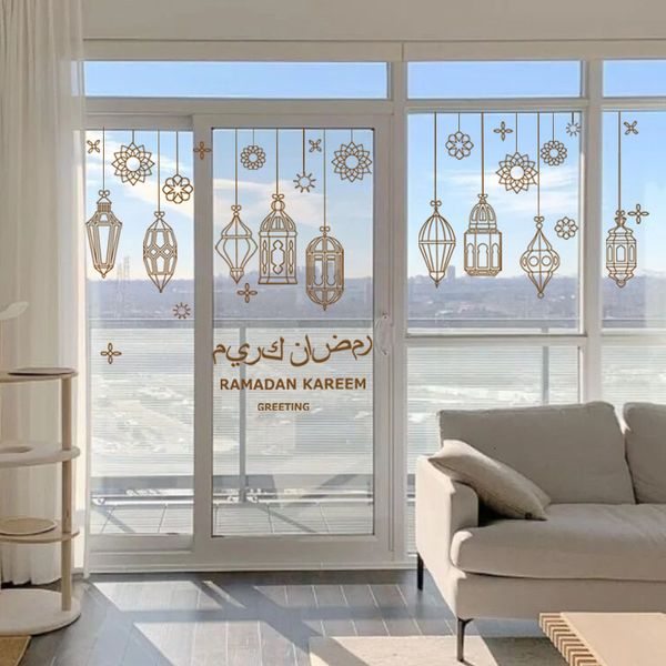 Wandaufkleber 2pcs Ramadan Kareem Dekorative PVC -Fenster -Drop -Laterne -Designaufkleber für home islamische Dekor Eid Mubarak Abziehbilder 230822