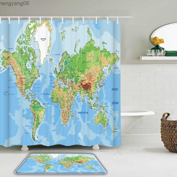 Cortinas de chuveiro mapa mundial cortina de chuveiro conjunto cortinas à prova d'água com decoração de casas de tapete de tapete não deslizante R230822