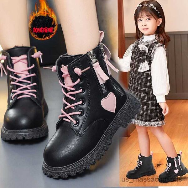 Botas Kids Boots Short Pink e Black Double Zipper Love Girls não deslizam Sapatos casuais de moda infantil Spring Novo R230822