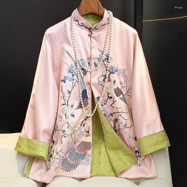 Jackets femininos de alta qualidade em estilo chinês colar jaqueta de peito único de pavão bordado de pavão de manga longa S-xxl