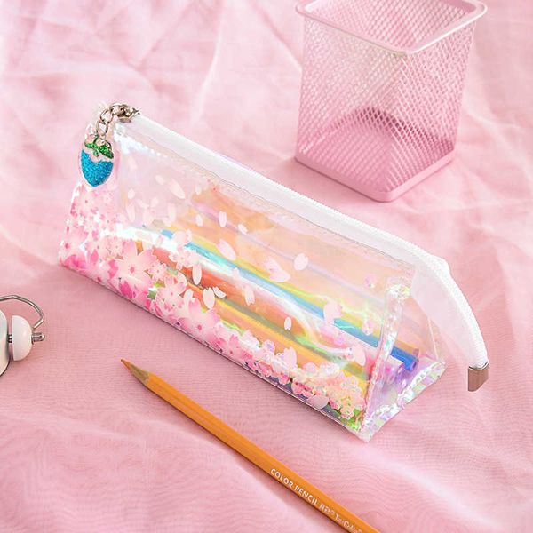 Brinquedos de aprendizagem 1 peça estojo de lápis kawaii transparente sakura pvc presente estuches caixa de lápis escolar bolsa de lápis material escolar papelaria