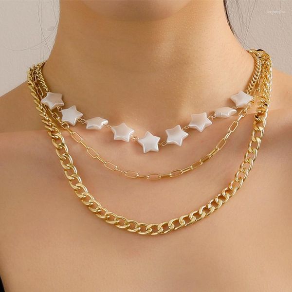 Choker Luxhoney Fashion Gold plattiert dreischichtige Halskette für Frauen OL mit Link-Ketten-Bordstein- und Star-Charm Strand