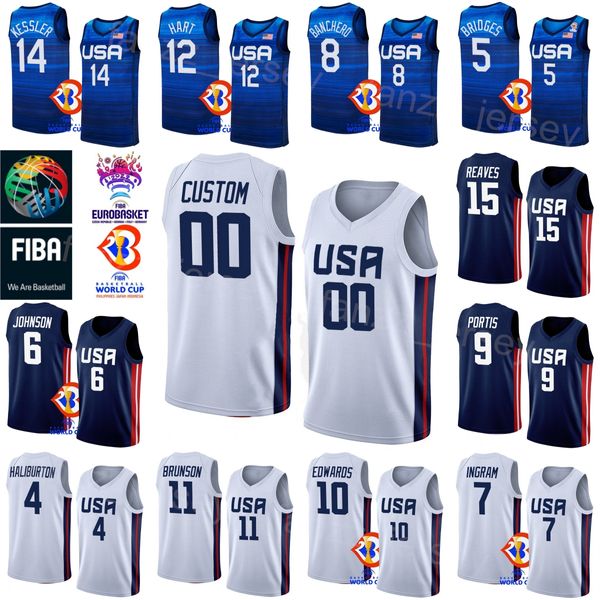 Druck US -Weltmeisterschaft 2023 Basketball 13 Jaren Jackson Jr Jersey 4 Tyrese Haliburton 11 Jalen Brunson 12 Josh Hart 6 Cameron Johnson 8 Paolo Banchero USA