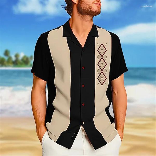 Camisas casuais masculinas camisa havaiana geometria colarinho cuba preto impressão 3D de manga curta de manga de moda de praia