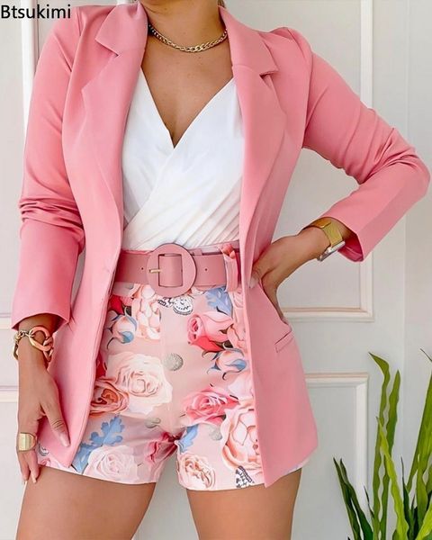 Frauenanzüge Blazer Frühling Sommer Frauen zwei Stück Casual Sets Eleganter Blazer -Anzug und Blumendruck Shorts Ladies Matching Set Blazer Shorts 230821