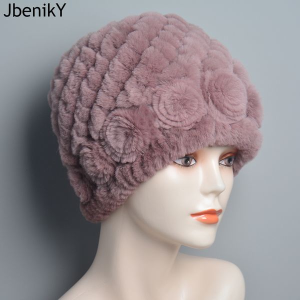 Berretti/berretto da cranio Donne invernali 100% Cappelli di pelliccia vera naturale Lady Warm Morte in maglia a maglia a strisce autentica in pelliccia di coniglio Rex Capelli da esterno Cappelli 230822