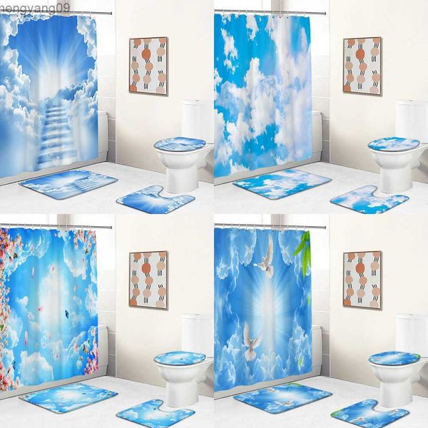 Tende per doccia Sunny Blue Clouds Scenery Set di tende per doccia set di tappeti non slittati coperchio coperchio per bagno decorativo per bagno impermeabile R230822