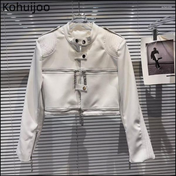 Couro feminino Kohuijoo Stand Stand Collar Casaco de motocicleta feminino Handsome Racing Pu Zippers Casaco Curto Branco Preto