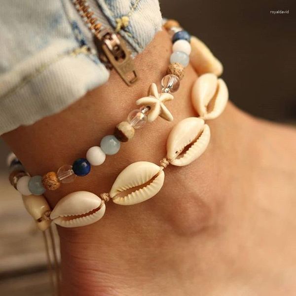 Fußkettchen 2023 Bohemian Shell Seestarfish für Frauen Damen Sommer Luxus Doppelschicht runde Perlenketten Charme Fußschmuck Set