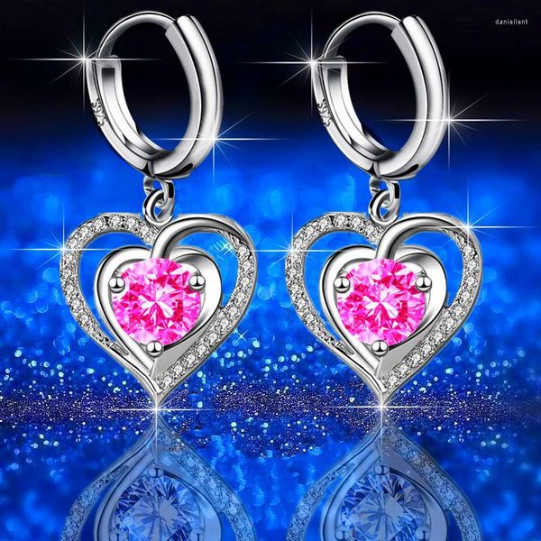 Hoop Ohrringe romantische Liebe Herz Ohrring Rosa Blau weißer Kristall runden Stein für Frauen Freundin Schmuck Valentinstag Geschenke