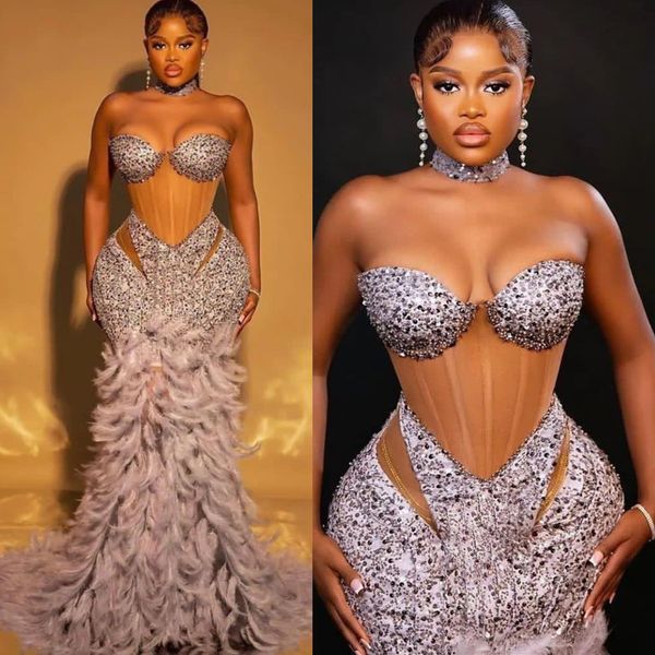 2023 August Aso Ebi Silver Mermaid Dress Dress Feather Sexy Evening Festa formal